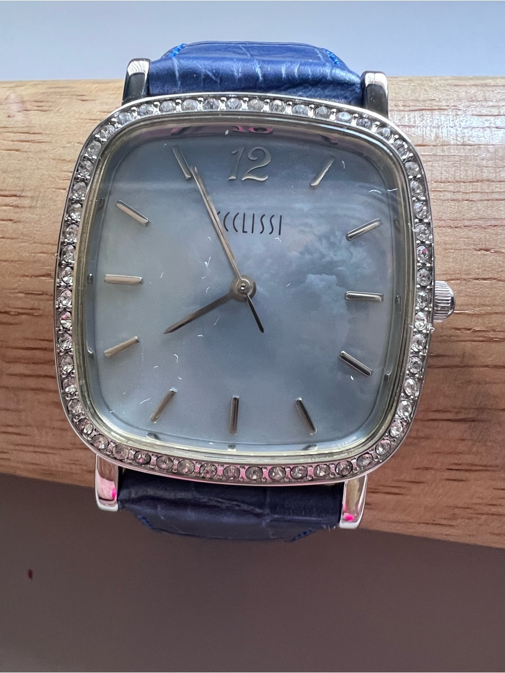 Vintage Ecclissi Blue MOP Dial Crystal Bezel Blue Leather Band Watch